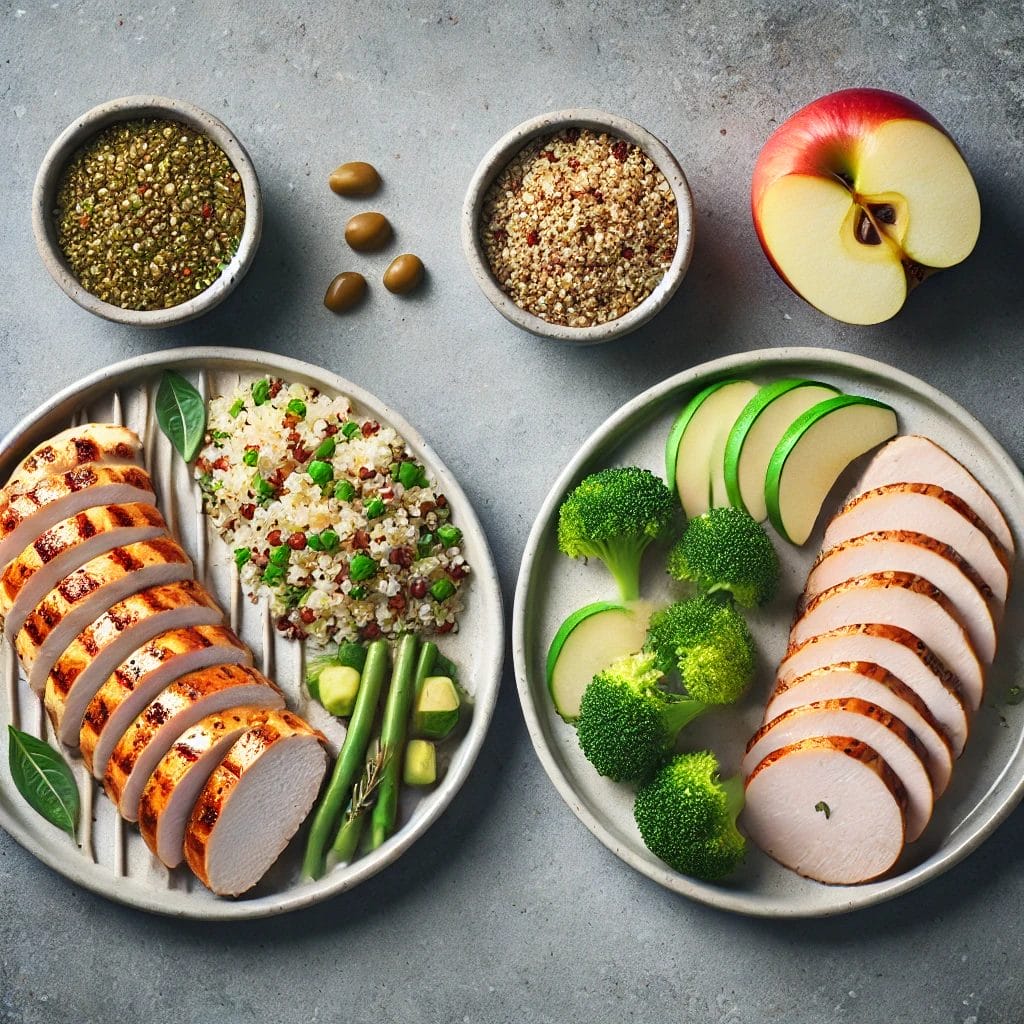 2 High-Protein Meal Plans to Crush Your Goals! 1 DALL·E 2024 10 11 20.09.42 Two plates of high protein meals from the meal plan. One plate features grilled chicken breast 150g with quinoa 100g and a small side of vegetable
